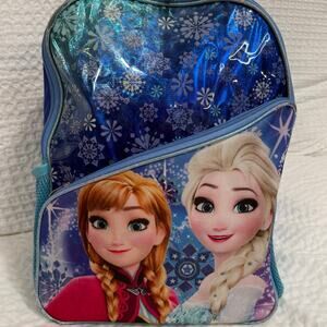 Frozen Anna Elsa Backpack 16in Disney Blue Holographic Snowflakes Iridescent Bag